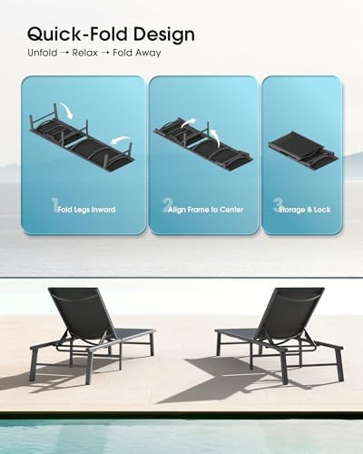 Ciokea Foldable Outdoor Lounge Chair Set of 2, No Assembly Aluminum Chaise - Image 3