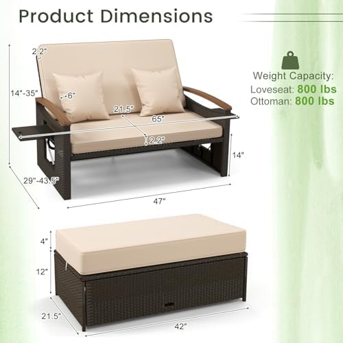 Tangkula Patio Rattan Daybed, Outdoor Wicker Loveseat, Mix Brown & Beige - Image 4