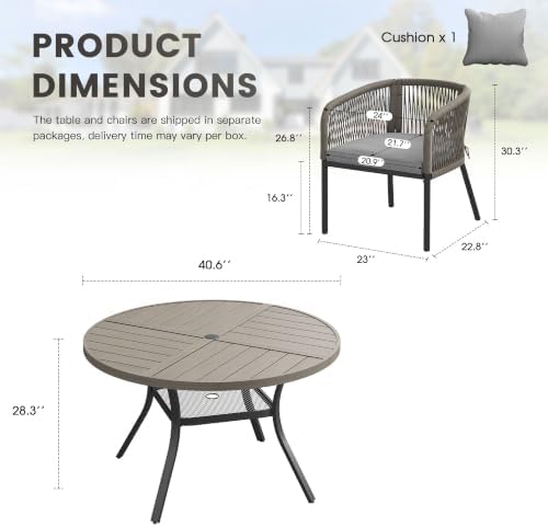 Patio Dining Set, 40.7" Round Table & Grey Cushioned Wicker Chairs - Image 2