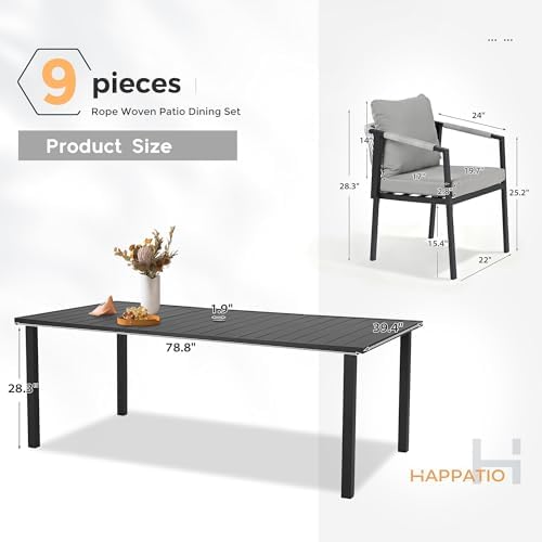 Patio Dining Set, 9-Piece Woven Rope Rattan Dining Table and Chairs Set - Image 6