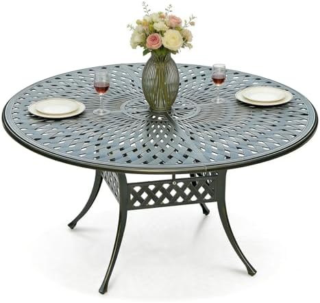 61" Round Cast Aluminum Patio Dining Table, Weather-Resistant Large Outdoor by MEETWARM