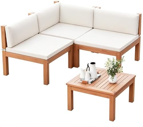 Devoko 4 Pcs Acacia Wood Small Patio Sectional Coach Sofa 54'' L x 54''W by DEVOKO