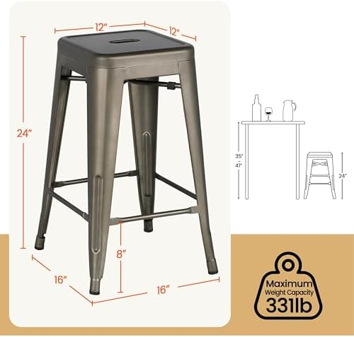 Yaheetech 24 Inch Metal Bar Stools Set of 4, Stackable Barstools - Image 3