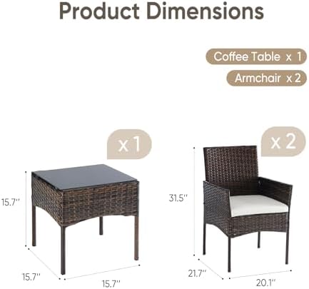 DUMOS 3 Piece Patio Furniture Set, Outdoor Wicker Bistro Set - Image 3