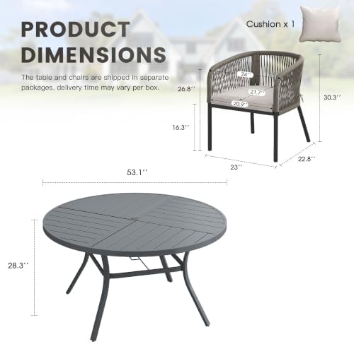 Patio Dining Set, 53.1" Round Table & Wheat Cushioned Wicker Chairs - Image 2