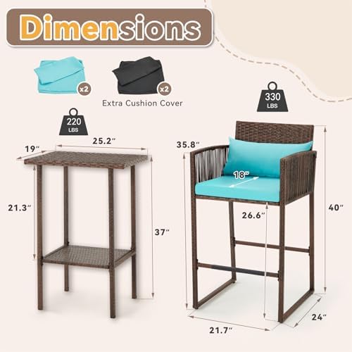 3 Piece Patio Wicker Bar Set, Outdoor Bistro Set of 2 - Image 3
