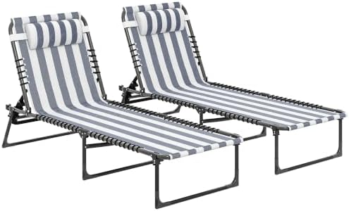 Outsunny Folding Chaise Lounge Chair Outdoor Set of 2 Mesh Seat Blue/White by Outsunny