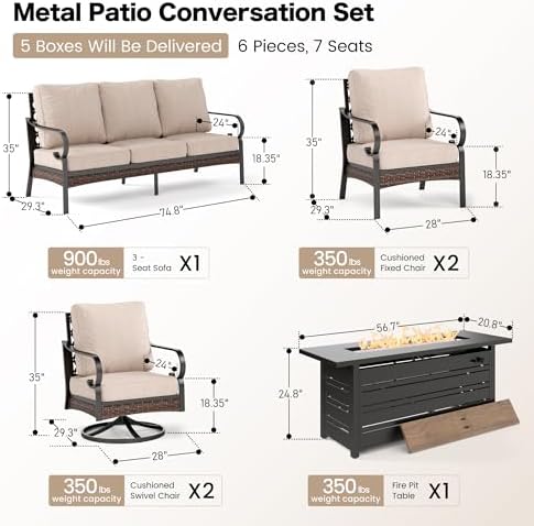 Metal Patio Furniture Set with Fire Pit, 7 Seats - Image 2
