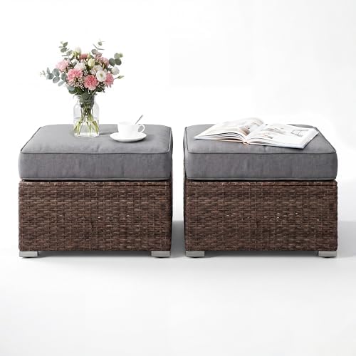 COSIEST 2 Piece All Weather Wicker Outdoor Ottoman Set, Patio Footstools by COSIEST