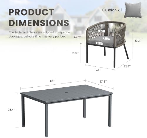 Patio Dining Set, Rectangle Table & Grey Cushioned Wicker Chairs - Image 2