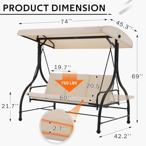 Porch Swing Chair with Adjustable Backrest&Canopy, 3 Seat Patio Swing with - Image 4