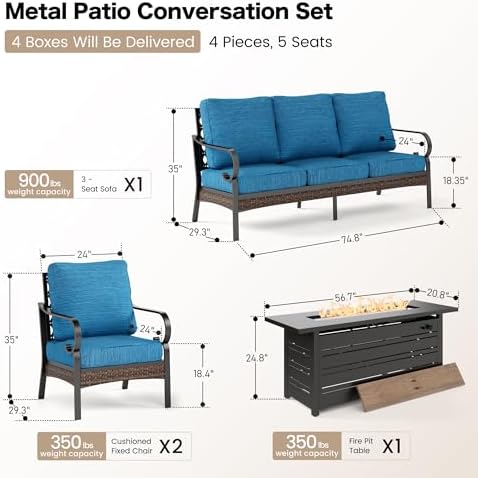 Metal Patio Furniture Set with Fire Pit Table, Peacock Blue - Image 2