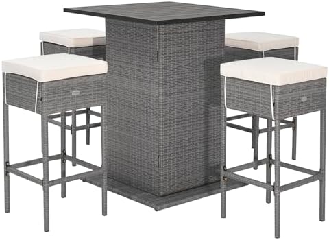 HAPPYGRILL 5 Pieces Outdoor Rattan Bar Set, Patio Wicker Bar Table and 4 Bar by HAPPYGRILL