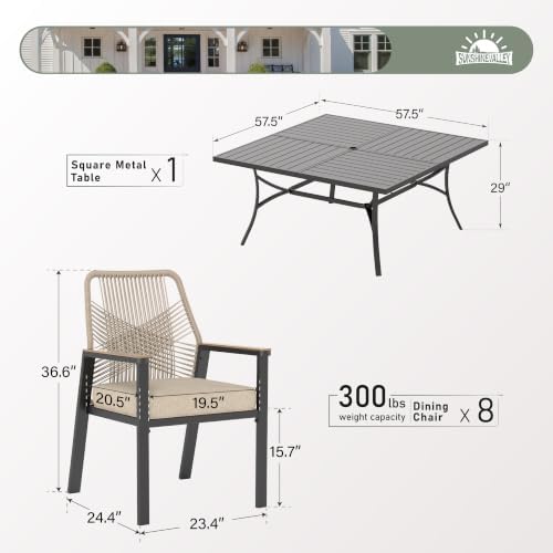 9pc Patio Dining Set, 57.5" Square Table & 8 Rattan Chairs - Image 3