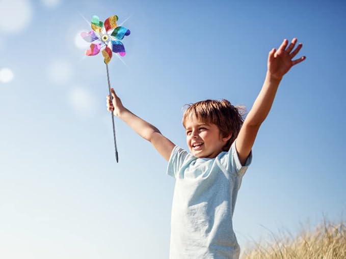 BATTIFE 10 Pack Sparkly Rainbow Pinwheels, Reflective Wind Spinner for Yard and Garden with Stakes, Decor Windmill to Scare Birds Away for Lawn and Patio