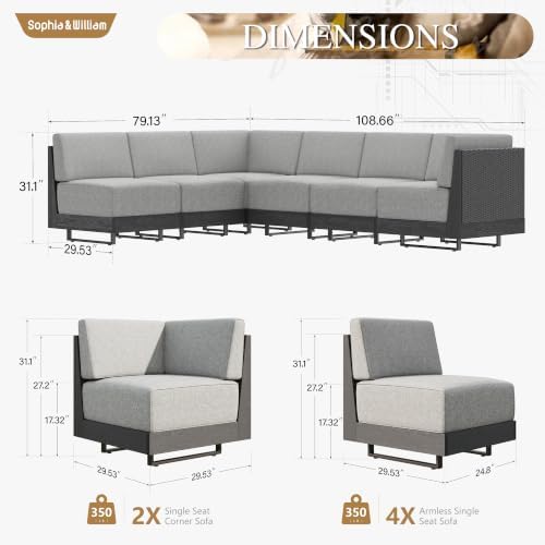 Sophia & William 6PCS HDPE Patio Sectional Furniture Set, 8.7" Gray Cushion - Image 2