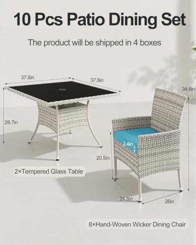 10-Piece Patio Dining Set, 2 Tempered Glass Tables & 8 Wicker Chairs - Image 2