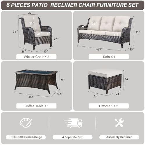 Patio Wicker Sofa Set 6 Pieces Patio Furniture Set Outdoor Couch, 2 Patio - Image 3