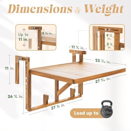 FSC Acacia Wood Folding Railing Bar Table, Adjustable, 27.56" × 23.44" - Image 2