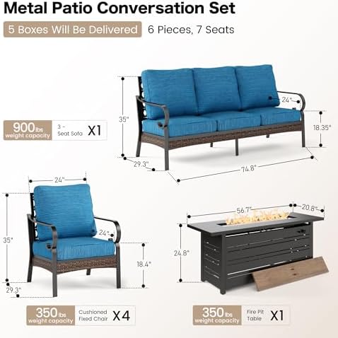 Metal Patio Furniture Set with Fire Pit Table, Peacock Blue - Image 2