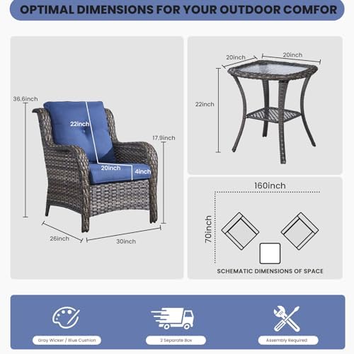 Patio Chairs Outdoor Furniture Set, 3 Peices Porch Wicker Furniture - Image 3