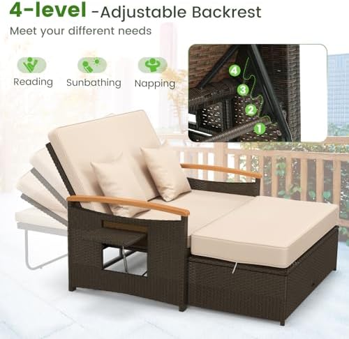 Tangkula Patio Rattan Daybed, Outdoor Wicker Loveseat, Mix Brown & Beige - Image 5