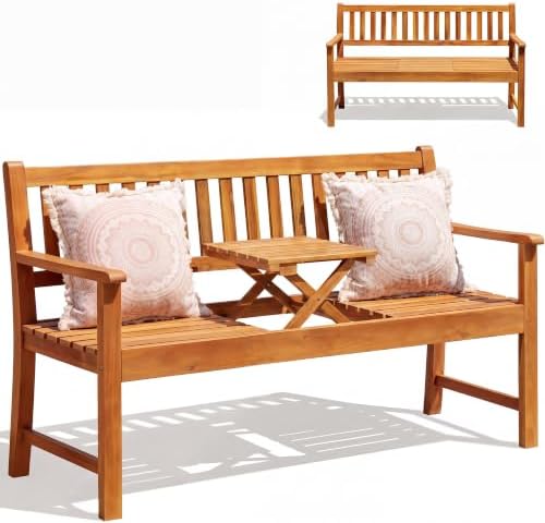 Devoko Acacia Wood Outdoor Bench, 2-Person Garden Bench by DEVOKO