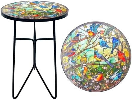 Mosaic Birds Outdoor Side Tea Table, Glass Plant Tables Indoor Decorative Metal by GZXYGY