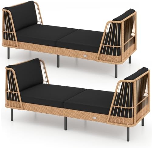 Tangkula Patio Rattan Daybed Set of 2, Wicker Lounge Sofa, Natural & Black by TANGKULA