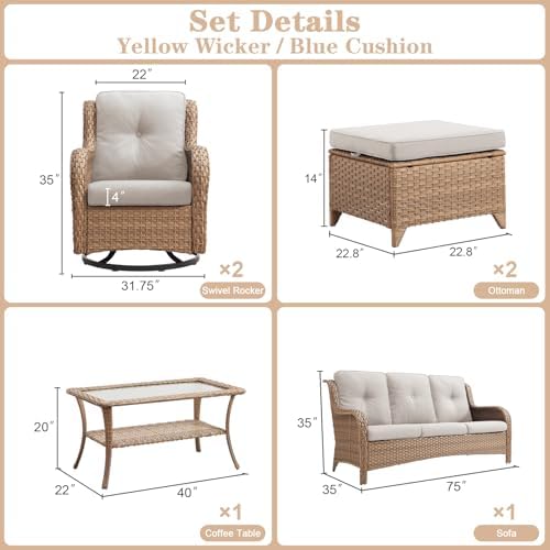 6 Piece Wicker Patio Furniture Set, Outdoor Swivel Rocker Chairs Set of 2 - Image 2