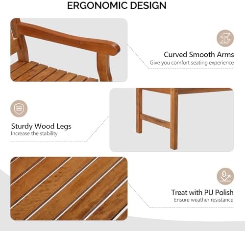 VINGLI 50" Outdoor Wood Bench, Weatehr Resistant Wooden Garden Patio Bench - Image 4