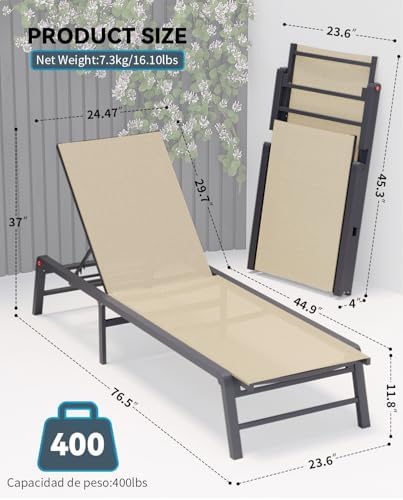 Aluminum Chaise Lounge Chair Outdoor, Foldable Patio Lounge Chair 2 Sets - Image 2