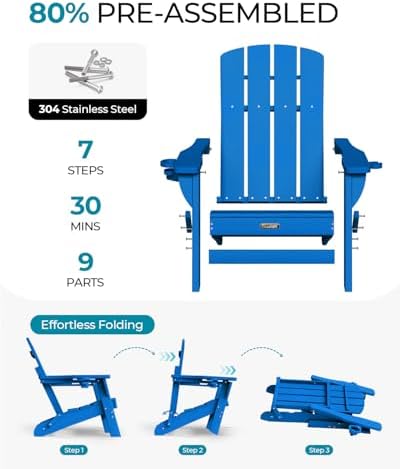 Folding Adirondack Chairs Set of 6, 2 Cup Holders, Ocean Blue - Image 5