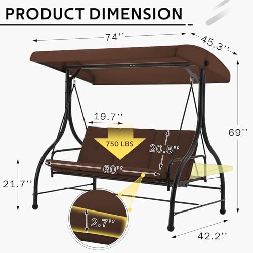 Porch Swing Chair with Adjustable Backrest&Canopy, 3 Seat Patio Swing with - Image 4