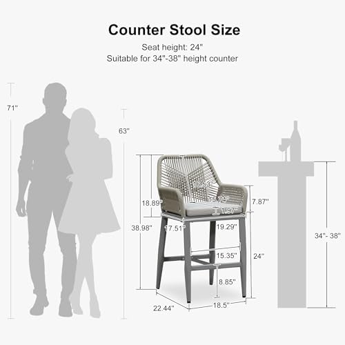 PURPLE LEAF 24" Rattan Counter Stools Set of 2 Water Resistant, Light Grey - Image 3