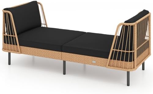 Tangkula Patio Rattan Daybed, Boho Wicker Lounge Sofa, Natural & Black by TANGKULA