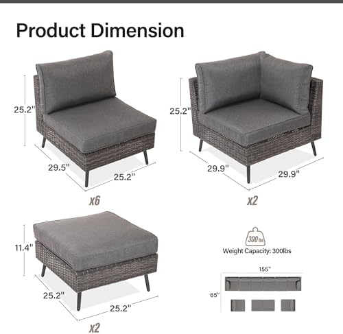 Outdoor Patio Furniture, 10 Piece Outdoor Sectional Sofa PE Rattan Wicker Patio - Image 5
