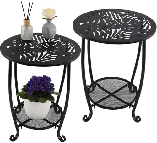 2-Tier Metal Round Side Table Set of Two Black Accent Coffee Tables Small Space by Unknown