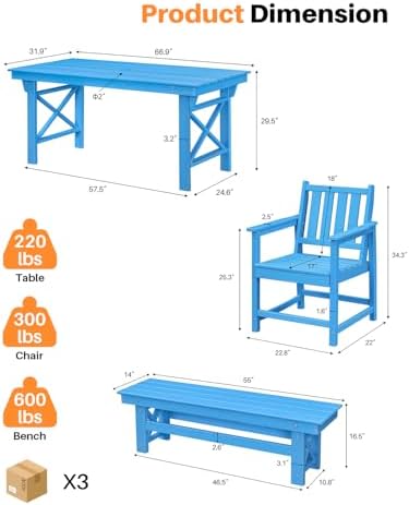 HDPE Outdoor Dining Set of 6, Patio Dining Table Set - Image 3