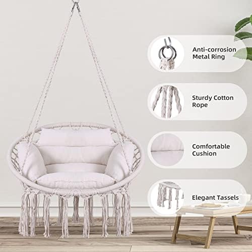 Goutime Hammock Swing Chair Macrame Boho Hanging Chairs Beige - Image 2
