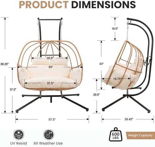 Hanging Chairs with Stand, All Weather Double Egg Chair Outdoor, Metal Hanging - Image 3