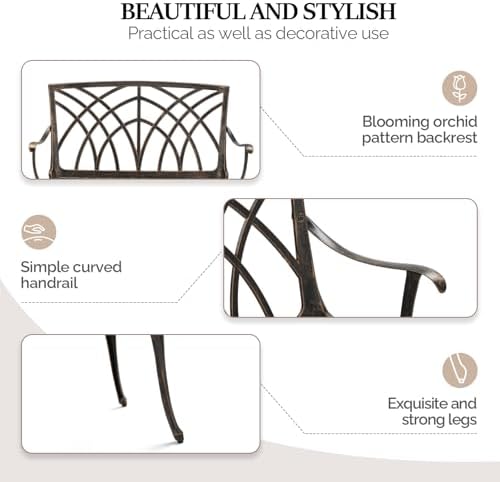 VINGLI 38" Outdoor Metal Bench, Cast Aluminium Garden Bench, Weatherproof - Image 5