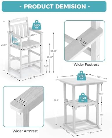 Ciokea 3Pcs Bistro Table and Chairs, All-Weather Square High Top Bar Table - Image 3