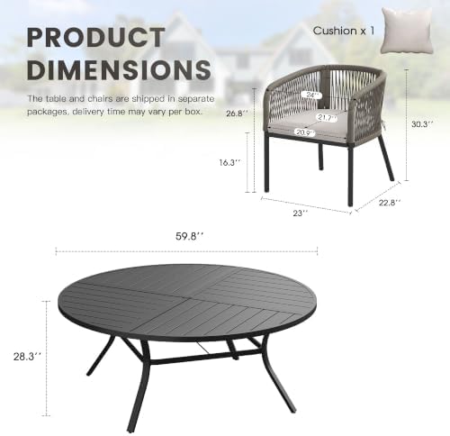 Patio Dining Set, 59.8" Round Table & Wheat Cushioned Wicker Chairs - Image 2