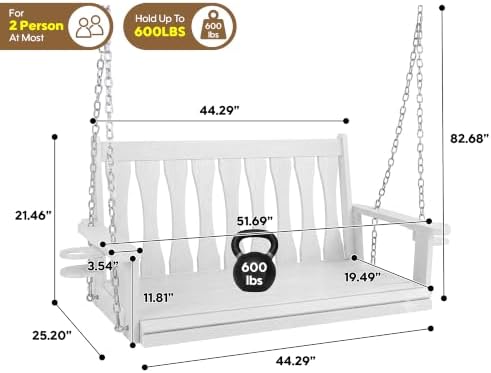HIPS All-Weather Outdoor Hanging Porch Swing, 2 Seat Hanging Swing Bench - Image 2