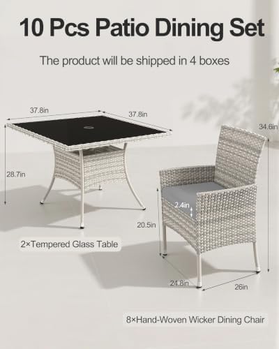 10-Piece Patio Dining Set, 2 Tempered Glass Tables & 8 Wicker Chairs - Image 2