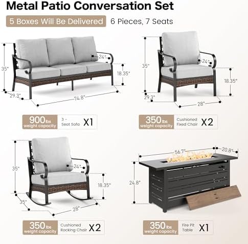 Metal Patio Furniture Set with Fire Pit, Light Grey - Image 2