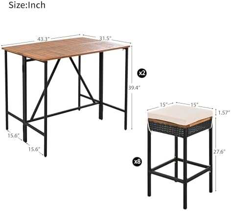 Patio Bar Table Set of 10, Outdoor Wood Height Bar Table & 8 Bar Stools - Image 3