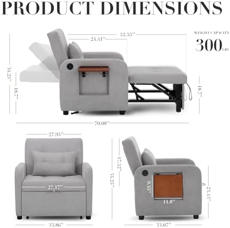 MALOL Convertible Chair-Fabric Sofa Bed, Single Sleeper Sofa, Light Grey - Image 2