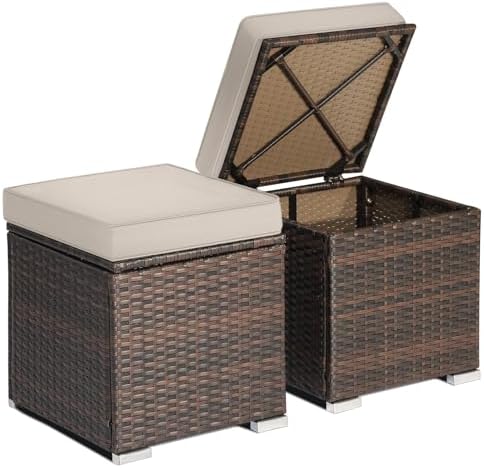 RELAX4LIFE Wicker Outdoor Storage Ottoman, 2-Piece Rattan Footstool w/Removable by RELAX4LIFE
